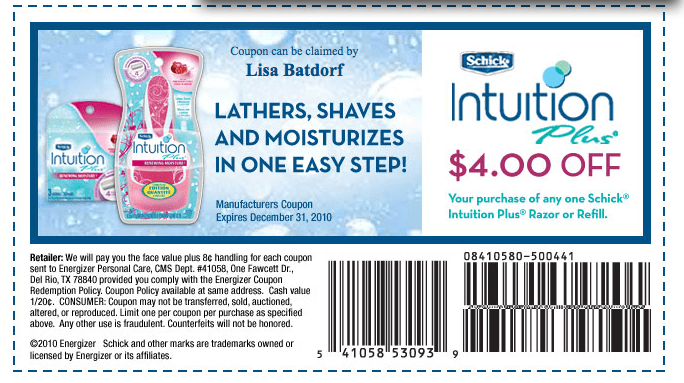  4 Off Schick Intuition Printable Coupon