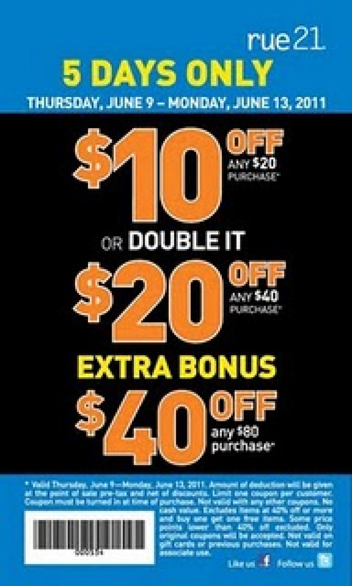 Rue 21 Coupon 10 off 20, 20 off 40 or 40 off 80 Purchase!!