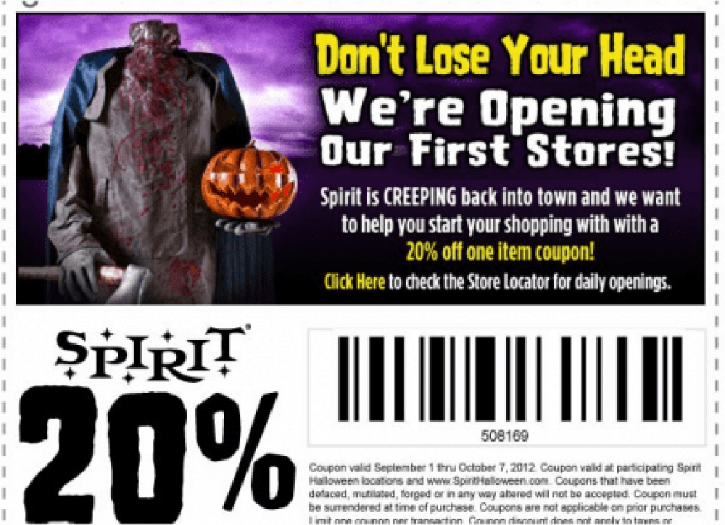 Spirit Halloween 20 off One Item Purchase Coupon