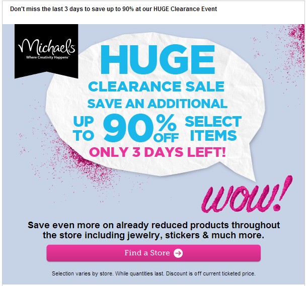 Michaels Up to 90 off InStore Clearance Sale + 20 Off Coupon Code