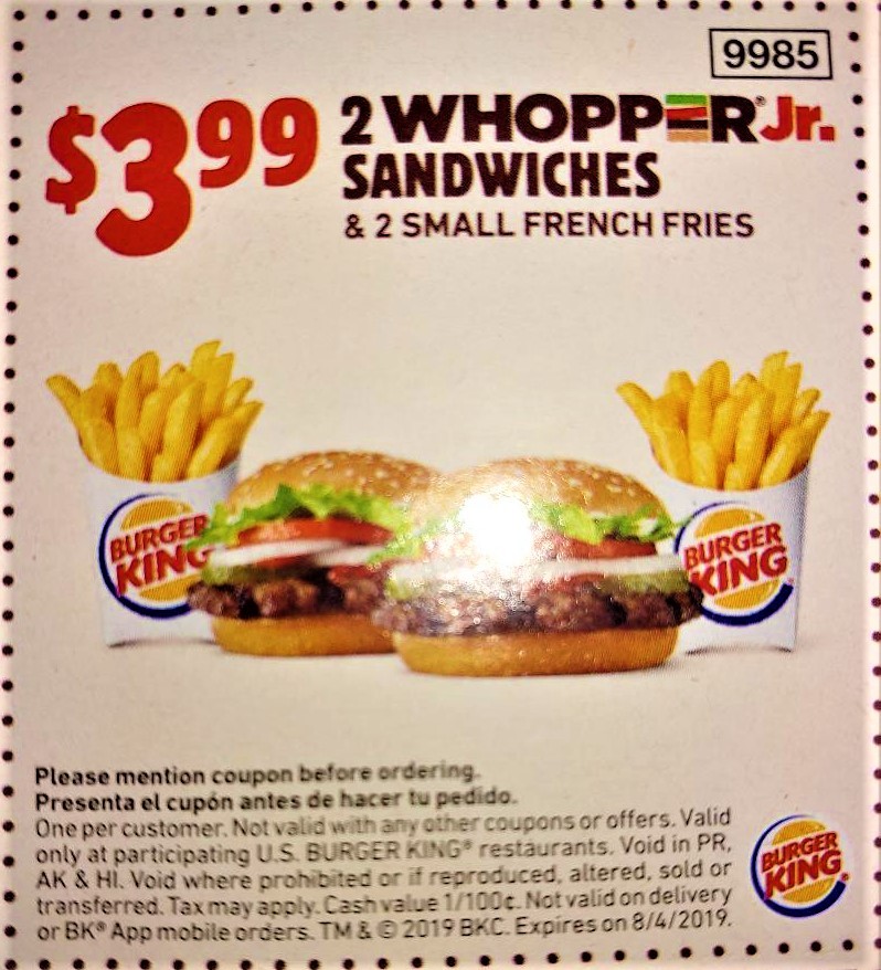 Only 3.99 for 2 Whopper Jr. Sandwiches + 2 Small French Fries