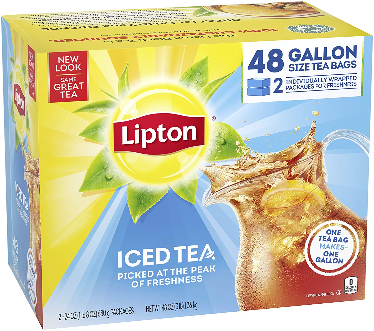 Lipton Gallon-Sized Black Iced Tea Bags, Unsweetened, 48 ct $10.52 (REG $22.57)