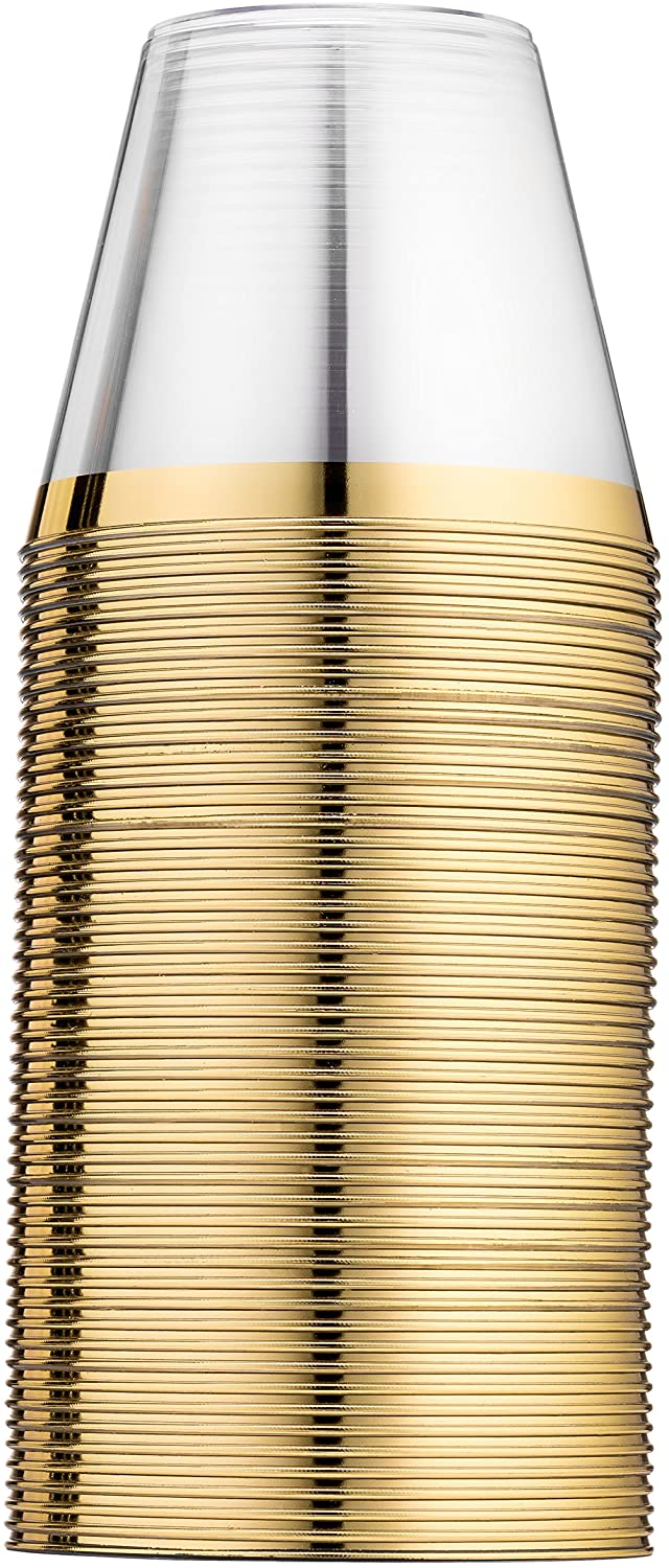 100 Gold Plastic Cups 9 Oz Clear Plastic Cups Old Fashioned Tumblers Gold Rimmed $14.99 (REG $29.99)