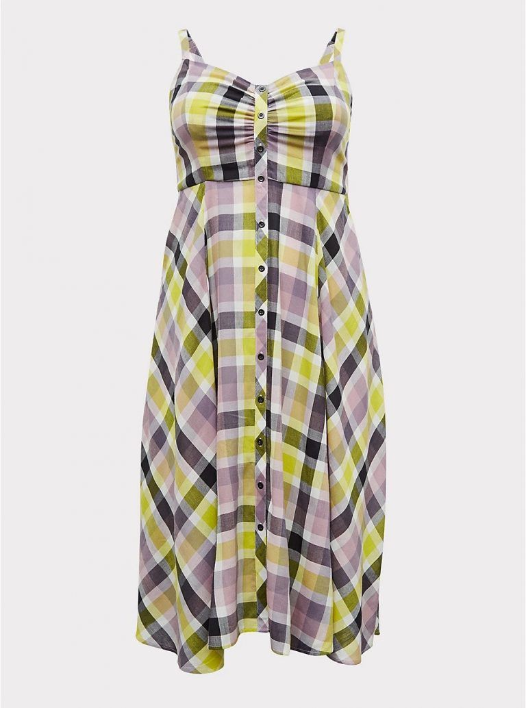 MULTI PLAID CHALLIS BUTTON FRONT MIDI DRESS (64 Off)