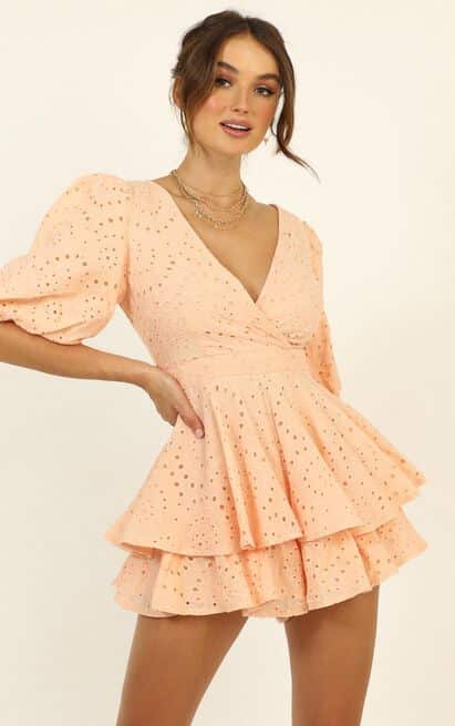 I Want It All Playsuit In Peach Embroidery-$24.64(62% Off)