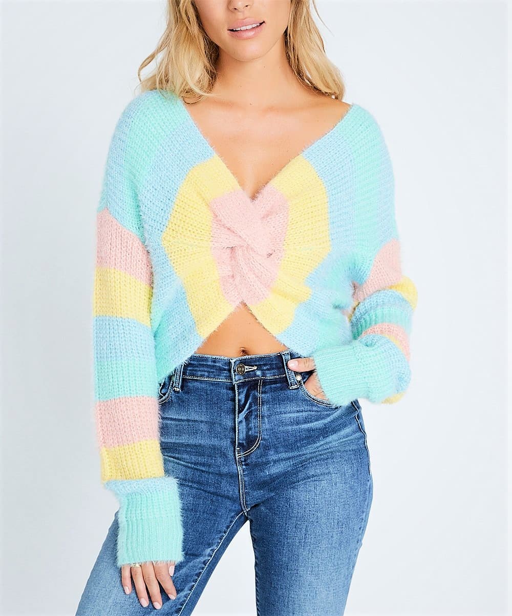 Blue Popsicle Stripe Jasper V-Neck Knot-Front Sweater $34.99 (REG $79.00)