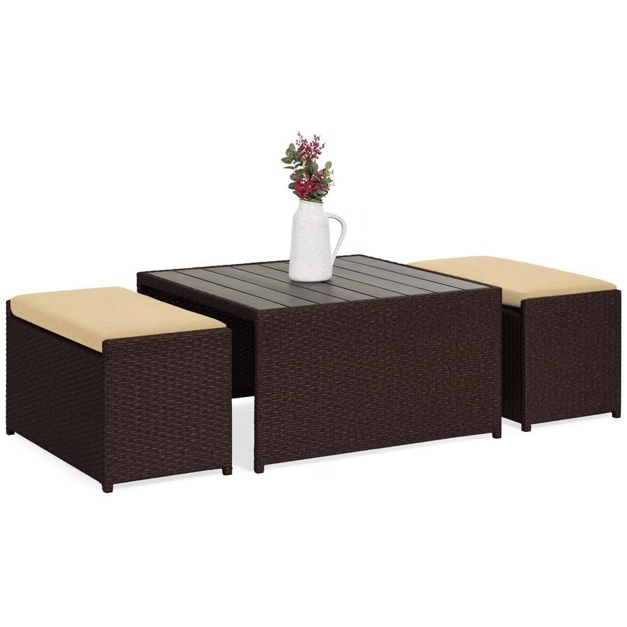 3-Piece Outdoor Wicker Coffee Table Conversation Set w/ Ottoman Benches -$199.99(45% Off)