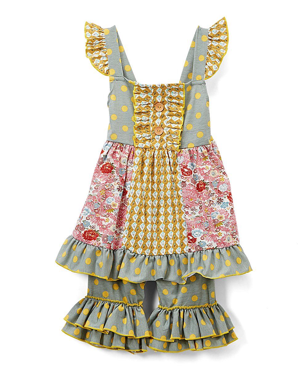 Gray & Yellow Polka Dot & Floral Ruffle Dress & Shorts $22.79(44% Off)